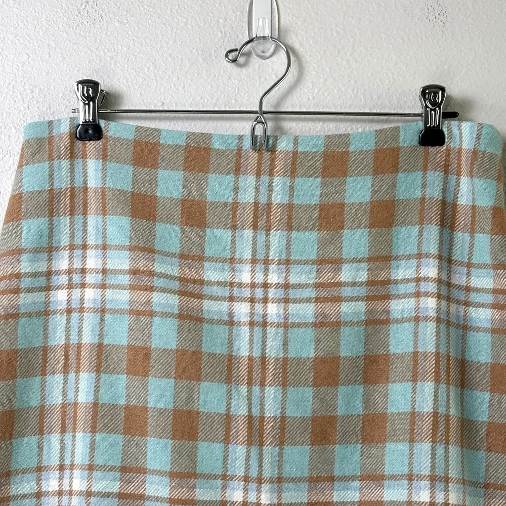 Talbots A Line Skirt‎ Womens Size 10 Blue Tan Plaid Side Zip Wool Blend Lined